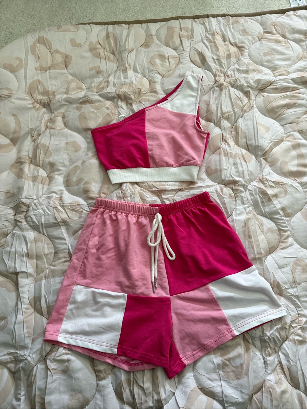 Women’s Colorblock Pink Patchwork set - Casual Summer Lounge